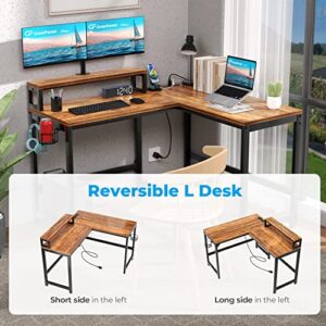 GreenForest L Shaped Desk with Power Outlets, 50.4 Inches Reversible Small Corner Computer Desk with Monitor Stand, Home Office Gaming Desk with Headphone Hook, Cup Holder, Walnut