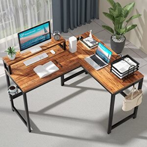 GreenForest L Shaped Desk with Power Outlets, 50.4 Inches Reversible Small Corner Computer Desk with Monitor Stand, Home Office Gaming Desk with Headphone Hook, Cup Holder, Walnut