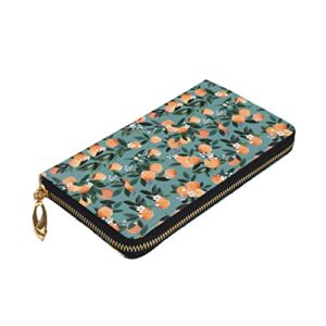 Leather Wallets for Women Man RFID Dear Clementine Oranges Teal Wallet Blocking Zip Wallet Credit Card Holder