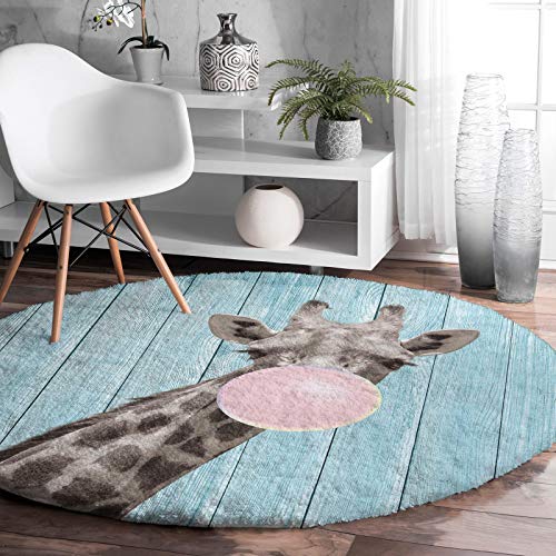 Round Fluffy Soft Area Rug 5' x 5', Giraffe Blowing Bubbles Blue Shaggy Plush Circle Carpet for Kids Teen's Room, Non-Slip No-Shedding Rug for Bedroom Living Room Nursery Room