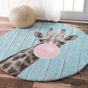 Round Fluffy Soft Area Rug 5' x 5', Giraffe Blowing Bubbles Blue Shaggy Plush Circle Carpet for Kids Teen's Room, Non-Slip No-Shedding Rug for Bedroom Living Room Nursery Room