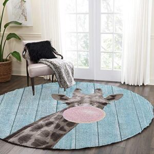 Round Fluffy Soft Area Rug 5' x 5', Giraffe Blowing Bubbles Blue Shaggy Plush Circle Carpet for Kids Teen's Room, Non-Slip No-Shedding Rug for Bedroom Living Room Nursery Room