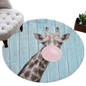 Round Fluffy Soft Area Rug 5' x 5', Giraffe Blowing Bubbles Blue Shaggy Plush Circle Carpet for Kids Teen's Room, Non-Slip No-Shedding Rug for Bedroom Living Room Nursery Room