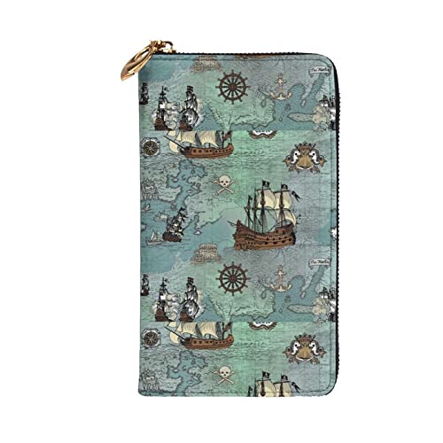 Leather Wallets for Women Man RFID Pirate Ships Map Wallet Blocking Zip Wallet Credit Card Holder