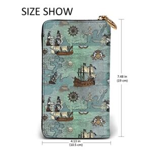 Leather Wallets for Women Man RFID Pirate Ships Map Wallet Blocking Zip Wallet Credit Card Holder