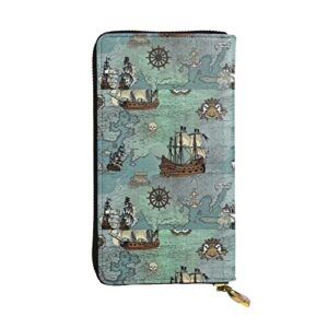 Leather Wallets for Women Man RFID Pirate Ships Map Wallet Blocking Zip Wallet Credit Card Holder