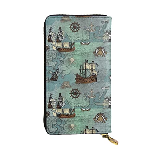 Leather Wallets for Women Man RFID Pirate Ships Map Wallet Blocking Zip Wallet Credit Card Holder