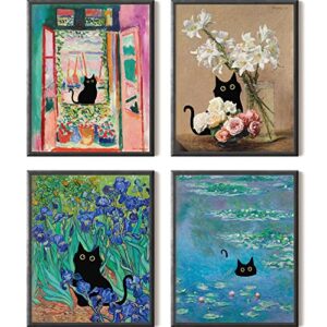 funny black cat wall art prints, monet, matisse, eclectic aesthetic vintage wall decor, set of 4, unframed, 8×10 inch