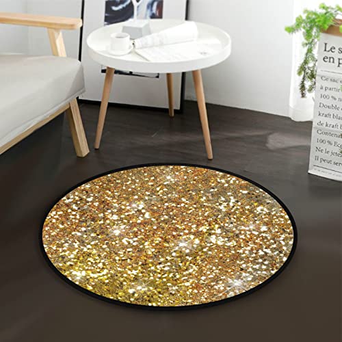 Sparkle Glitter Gold Area Rugs Round 3ft Washable Fantasy Shiny Doormat Soft Non Slip Absorbent Floor Mat Carpet Yoga Rug for Living Room Entryway Bedroom Home Decor