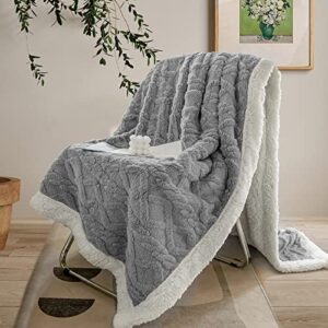 plush thick sherpa throw blanket grey – soft warm breathable fleece velvet blanket with 3d stylish cable pattern for bed sofa recliner chair – fluffy throw size 60″×80″