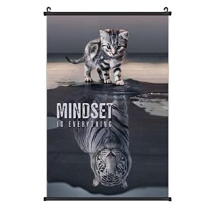 inspirational quote poster wall scroll mindset is everything cat and tiger hanging artwork motivational painting art canvas print for home living room bedroom office classroom decor 16″ x 24″
