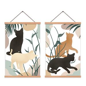 chditb cat wall decor, modern colorful boho black cats wall art, cute kitty hanger frame poster, 28x45cm abstract palm leaves black cat wall hanging art painting for home living room bedroom decor