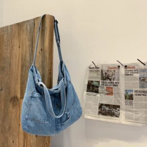 Denim Shoulder Bag Casual Style Lightweight Retro Travel Shopper tote bag for Teen Girls Women (Light Blue)