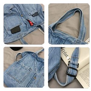 Denim Shoulder Bag Casual Style Lightweight Retro Travel Shopper tote bag for Teen Girls Women (Light Blue)