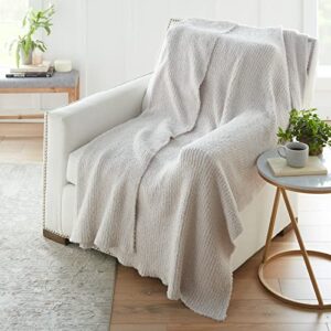 crafted by catherine premier ribbed cozy knit throw blanket 60″ x 70″ inches, soft comfy decorative throw for couch bed sofa travel, stone
