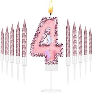 2.75" Large Pink Glitter 4th Year Happy Birthday Candles Girls Number Candles for Birthday Cakes Sequin Numeral Princess Candles Number Birthday Cake Topper with 10 Long Thin Cupcake Candle for Party