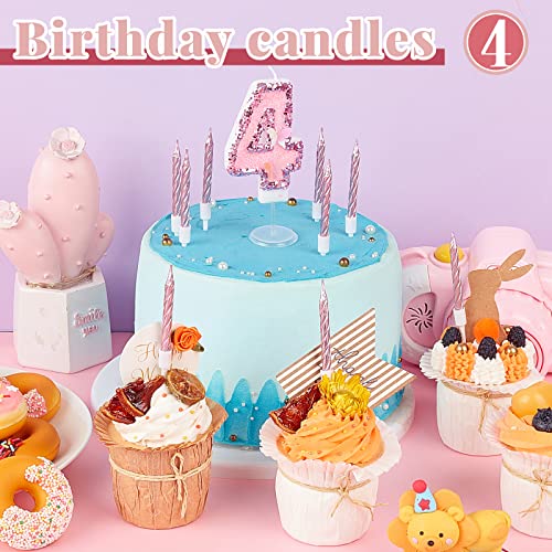 2.75" Large Pink Glitter 4th Year Happy Birthday Candles Girls Number Candles for Birthday Cakes Sequin Numeral Princess Candles Number Birthday Cake Topper with 10 Long Thin Cupcake Candle for Party