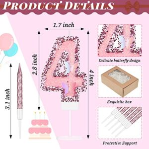 2.75" Large Pink Glitter 4th Year Happy Birthday Candles Girls Number Candles for Birthday Cakes Sequin Numeral Princess Candles Number Birthday Cake Topper with 10 Long Thin Cupcake Candle for Party