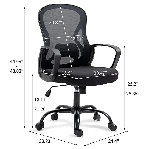 HOMEFUN Office Desk Computer Chair: Black Rolling Chair with Back Support for Adults - Modern Chair with Wheels - Wide Seat Mesh Chair for Study