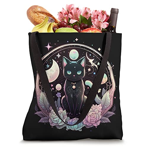 Moon Phases Crystal Witchy Cute Black Cat Kawaii Pastel Goth Tote Bag
