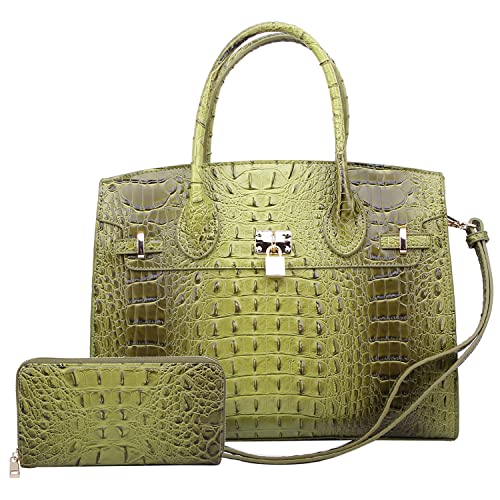 Green Crocodile & Alligator Satchel and Wallet Set