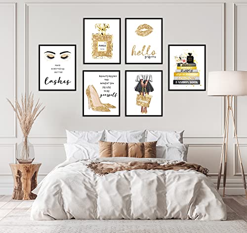 Gorgeous Fashion Wall Art Fashion Wall Decor Gold Bedroom Decor Girls Room Decor Bathroom Wall Decor Art Poster Perfume High Heels Poster Print Fashion Women Wall Decor (8x10 in Unframed, Black Gold)