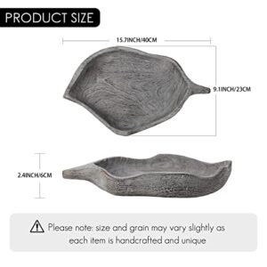 Oakrain Wooden Decorative Dough Bowl for Decor, Leaf Shaped Wooden Bowls with Handle, Hand Carved Dough Bowl for Farmhouse Vintage Rustic Decor(15.7"x 9.1" Grey)