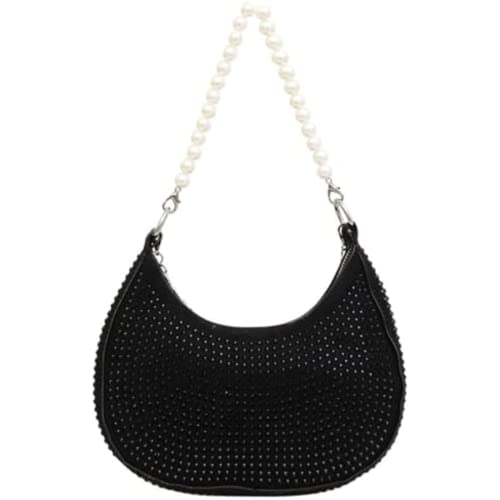 Pearl Purse for Women Sparkle Rhinestone Pearl Bag Evening Handbag Crossbody Bags Bling Shoulder Bags Tote Bag (Black)