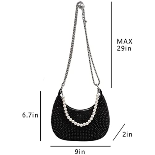 Pearl Purse for Women Sparkle Rhinestone Pearl Bag Evening Handbag Crossbody Bags Bling Shoulder Bags Tote Bag (Black)