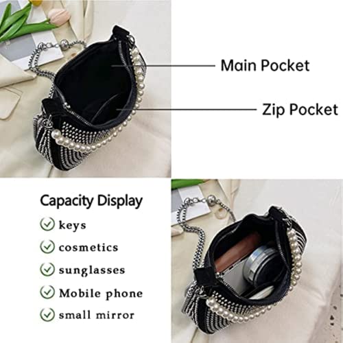 Pearl Purse for Women Sparkle Rhinestone Pearl Bag Evening Handbag Crossbody Bags Bling Shoulder Bags Tote Bag (Black)