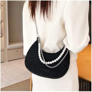 Pearl Purse for Women Sparkle Rhinestone Pearl Bag Evening Handbag Crossbody Bags Bling Shoulder Bags Tote Bag (Black)