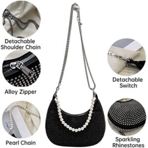 Pearl Purse for Women Sparkle Rhinestone Pearl Bag Evening Handbag Crossbody Bags Bling Shoulder Bags Tote Bag (Black)