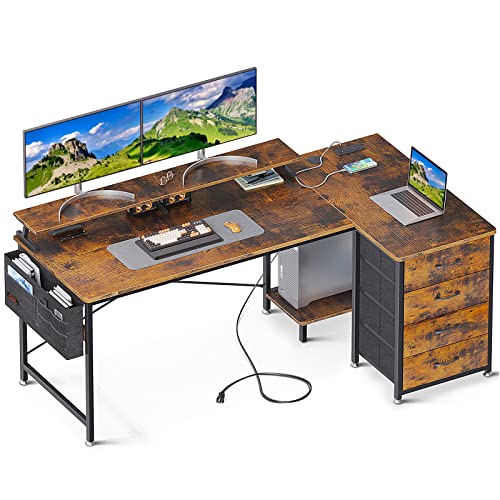 KKL 63 inch L Shaped Computer Desk with USB Charging Port & Power Outlet, L-Shaped Corner Desk with 4 Tier Drawer & Monitor Shelf for Home Office Workstation, Modern Style Writing Table, Vintage