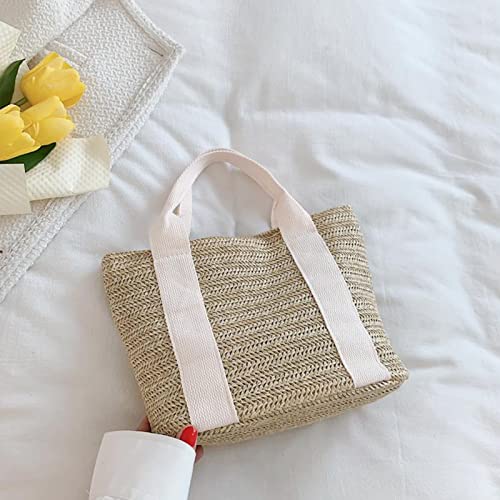 Women Shoulder Summer Beach Large Tote Bag Oversized Straw Beach Bags Straw Rattan Women Tote Sports Market Bag (White Handle, One Size)