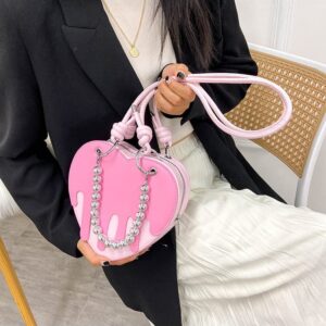 GESALOP Cute Heart Tote Bag Womens Leather Small Handle Purse Y2K Purse Gothic women's bag (Pink)