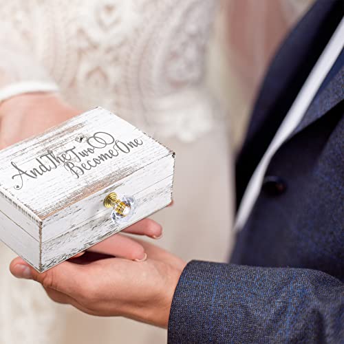 Wedding Ring Box Ring Bearer Box And Then Two Become One Mr. and Mrs. Diamond Wooden Wedding Ring Box Holder for Wedding Decor Elegant Wedding Gift Box, 5W x 6D x 2H (White)