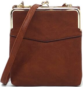 fashion kiss lock crossbody bag double compartment crossbody bag multi pocket crossbody bag satchel purse (brown)