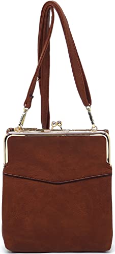 Fashion Kiss Lock Crossbody bag Double Compartment Crossbody Bag Multi Pocket Crossbody bag Satchel Purse (Brown)