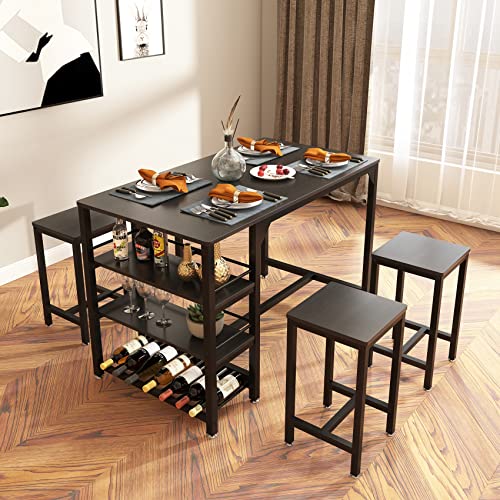 Rxicdeo Dining Table Set for 4, Kitchen Table Set with 4 Chairs, Dining Room Table with Wine Rack and Storage Shelf, Breakfast Table Space-Saving Dinette for Kitchen, Dining Room (Black)