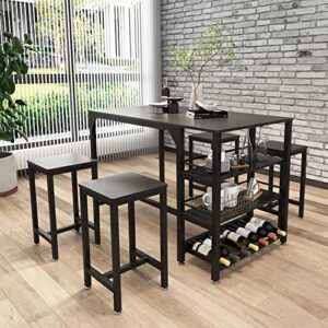 Rxicdeo Dining Table Set for 4, Kitchen Table Set with 4 Chairs, Dining Room Table with Wine Rack and Storage Shelf, Breakfast Table Space-Saving Dinette for Kitchen, Dining Room (Black)