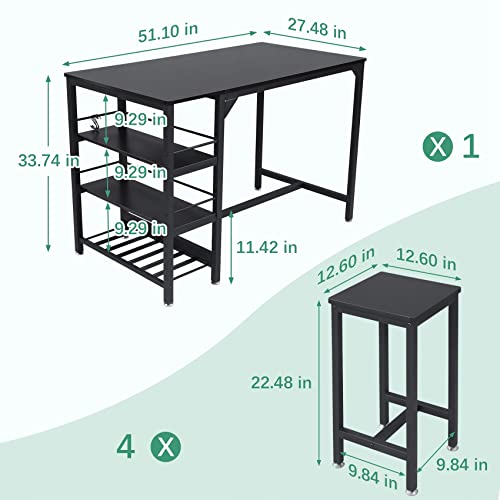 Rxicdeo Dining Table Set for 4, Kitchen Table Set with 4 Chairs, Dining Room Table with Wine Rack and Storage Shelf, Breakfast Table Space-Saving Dinette for Kitchen, Dining Room (Black)