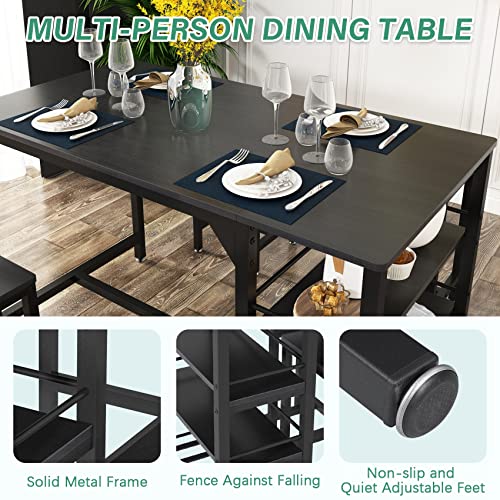 Rxicdeo Dining Table Set for 4, Kitchen Table Set with 4 Chairs, Dining Room Table with Wine Rack and Storage Shelf, Breakfast Table Space-Saving Dinette for Kitchen, Dining Room (Black)