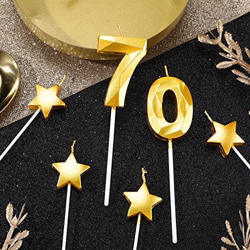 70th Birthday Candles, 3D Diamond Shaped Birthday Candles and Star Candles, Number 70 Candles Happy Birthday Cake Topper, Numeral Candles for Birthday Wedding Decoration Themed Party (Golden)