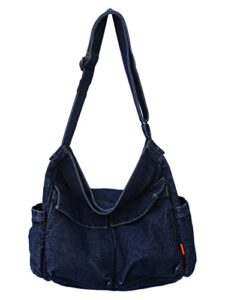 nanwansu denim shoulder bag casual style canvas bag retro travel shopper crossbody handbag hobo tote bag for women dark blue