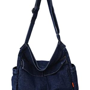 Nanwansu Denim Shoulder Bag Casual Style Canvas Bag Retro Travel Shopper Crossbody Handbag Hobo Tote Bag for Women Dark Blue