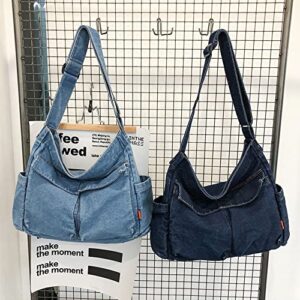 Nanwansu Denim Shoulder Bag Casual Style Canvas Bag Retro Travel Shopper Crossbody Handbag Hobo Tote Bag for Women Dark Blue