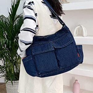 Nanwansu Denim Shoulder Bag Casual Style Canvas Bag Retro Travel Shopper Crossbody Handbag Hobo Tote Bag for Women Dark Blue