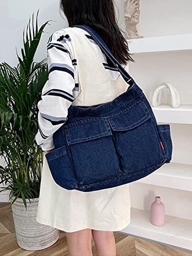 Nanwansu Denim Shoulder Bag Casual Style Canvas Bag Retro Travel Shopper Crossbody Handbag Hobo Tote Bag for Women Dark Blue