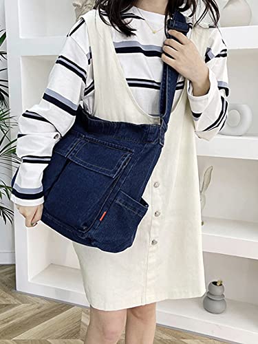 Nanwansu Denim Shoulder Bag Casual Style Canvas Bag Retro Travel Shopper Crossbody Handbag Hobo Tote Bag for Women Dark Blue