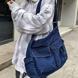 Nanwansu Denim Shoulder Bag Casual Style Canvas Bag Retro Travel Shopper Crossbody Handbag Hobo Tote Bag for Women Dark Blue